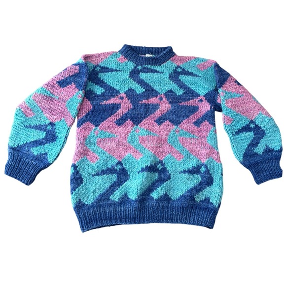 Sweaters - VTG Hand Made Ecuador Wool Sweater Mens Womens M Geometric Bird Knit Pullover